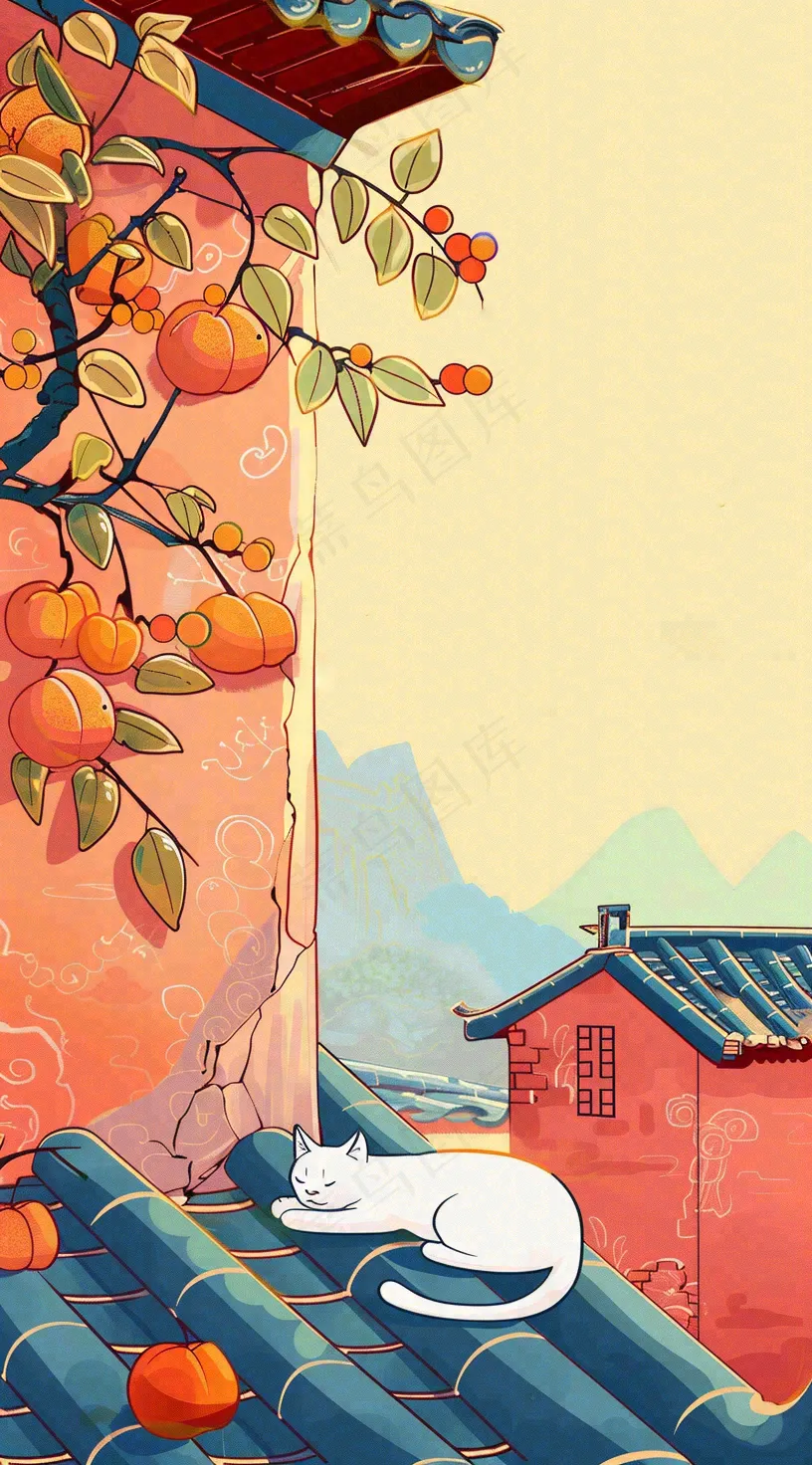 秋天红色宫墙上的白猫柿子树国风插画立秋秋分背景