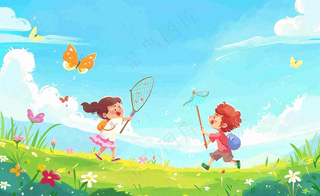 草坪扑蝴蝶的孩子们儿童节卡通插画背景