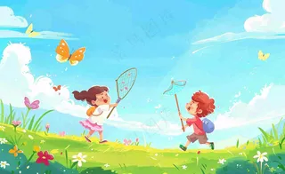 草坪扑蝴蝶的孩子们儿童节卡通插画背景