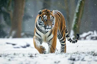 东北虎冬天雪地里嬉戏行走的老虎摄影图