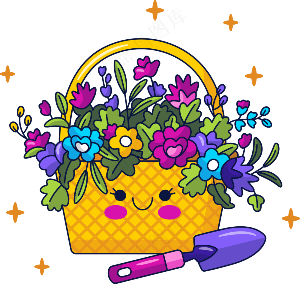 鲜花篮子 盆栽 美式多巴胺插画 免抠透明底