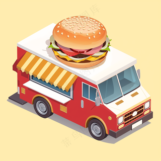 汉堡包红色餐车 2.5D扁平插画