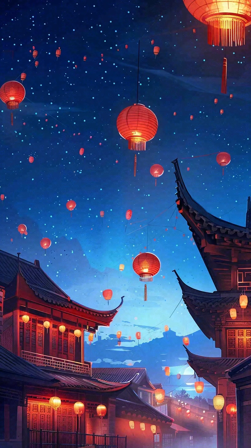 夜晚点灯孔明灯祈福中元节寒衣节插画背景