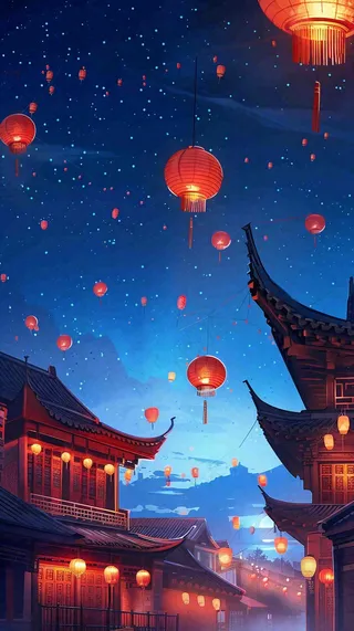 夜晚点灯孔明灯祈福中元节寒衣节插画背景
