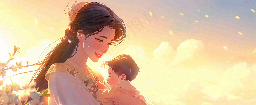 母亲节妈妈亲情抱着孩子鲜花光辉插画背景