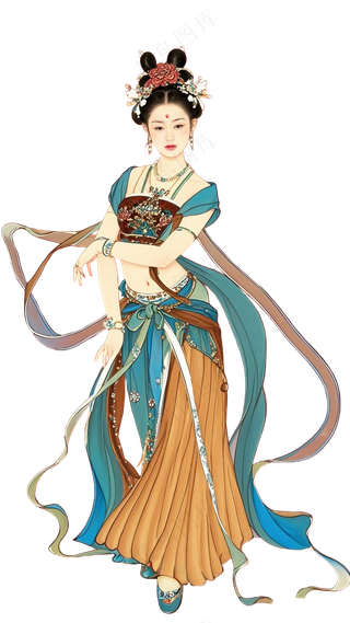 免抠中国风工笔画宫装舞蹈人物
