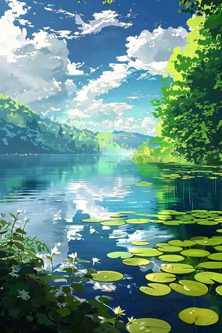 春夏蓝天白云下的森林河流湖泊立夏小暑插画背景