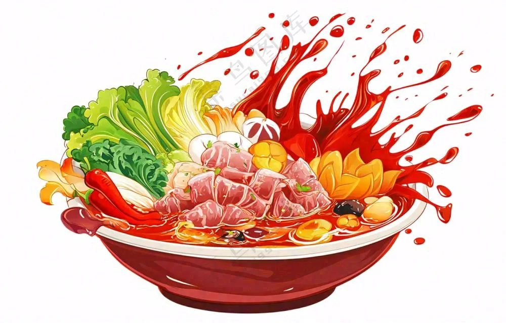 麻辣烫火锅海鲜肉类时蔬插画免抠