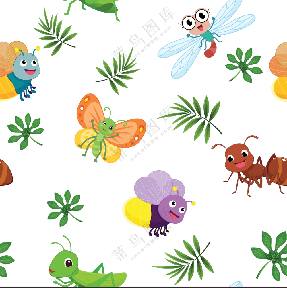 绿叶与卡通效果的蚂蚁免抠图片素材