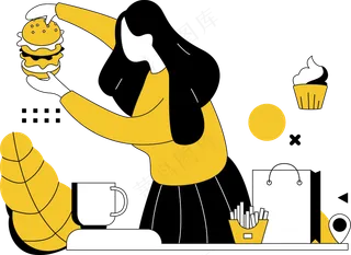 女生吃快餐 汉堡 冰淇淋 薯条 黄色扁平商务插画