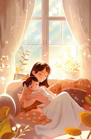 母亲节妈妈亲情抱着孩子鲜花光辉插画背景