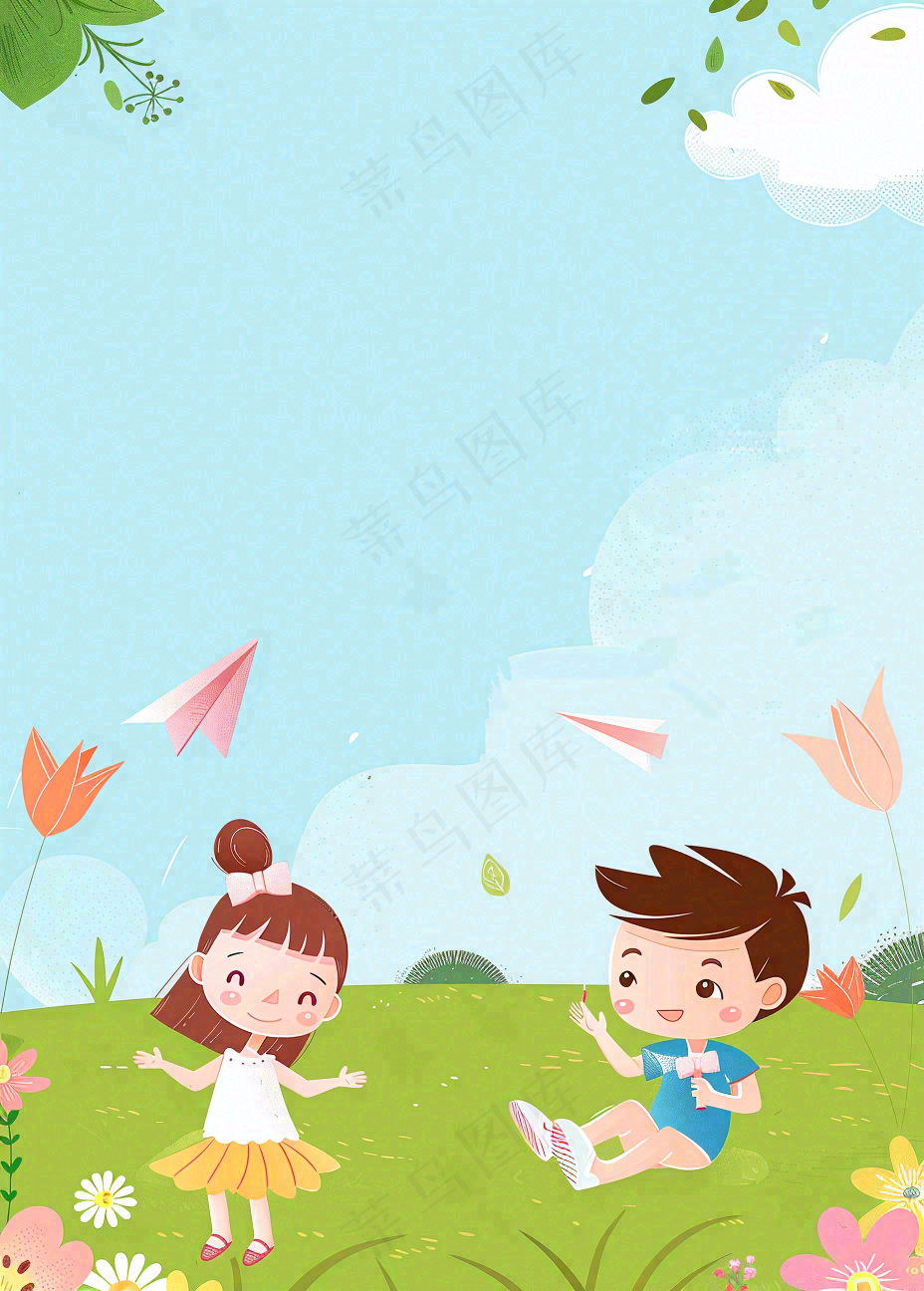蓝天草坪上放风筝的孩子们儿童节卡通插画背景