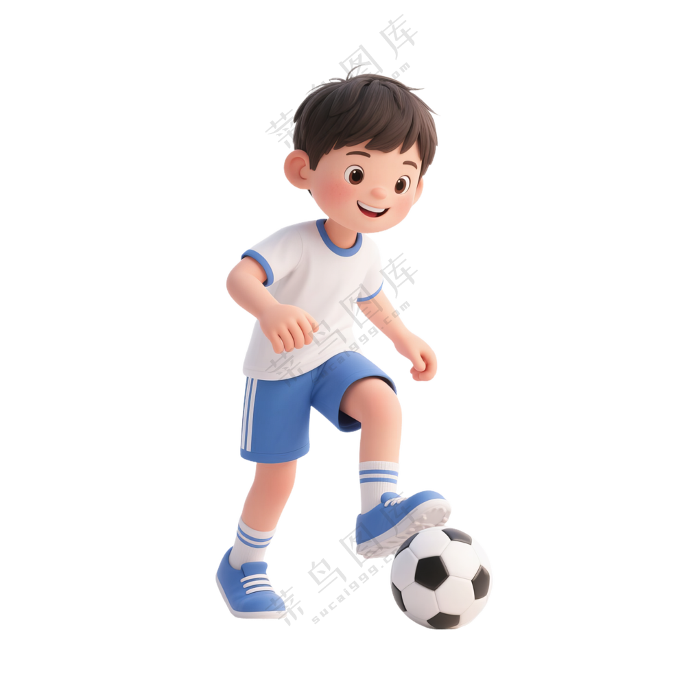蓝+白色纯净3D风格踢足球的男孩免抠PNG素材