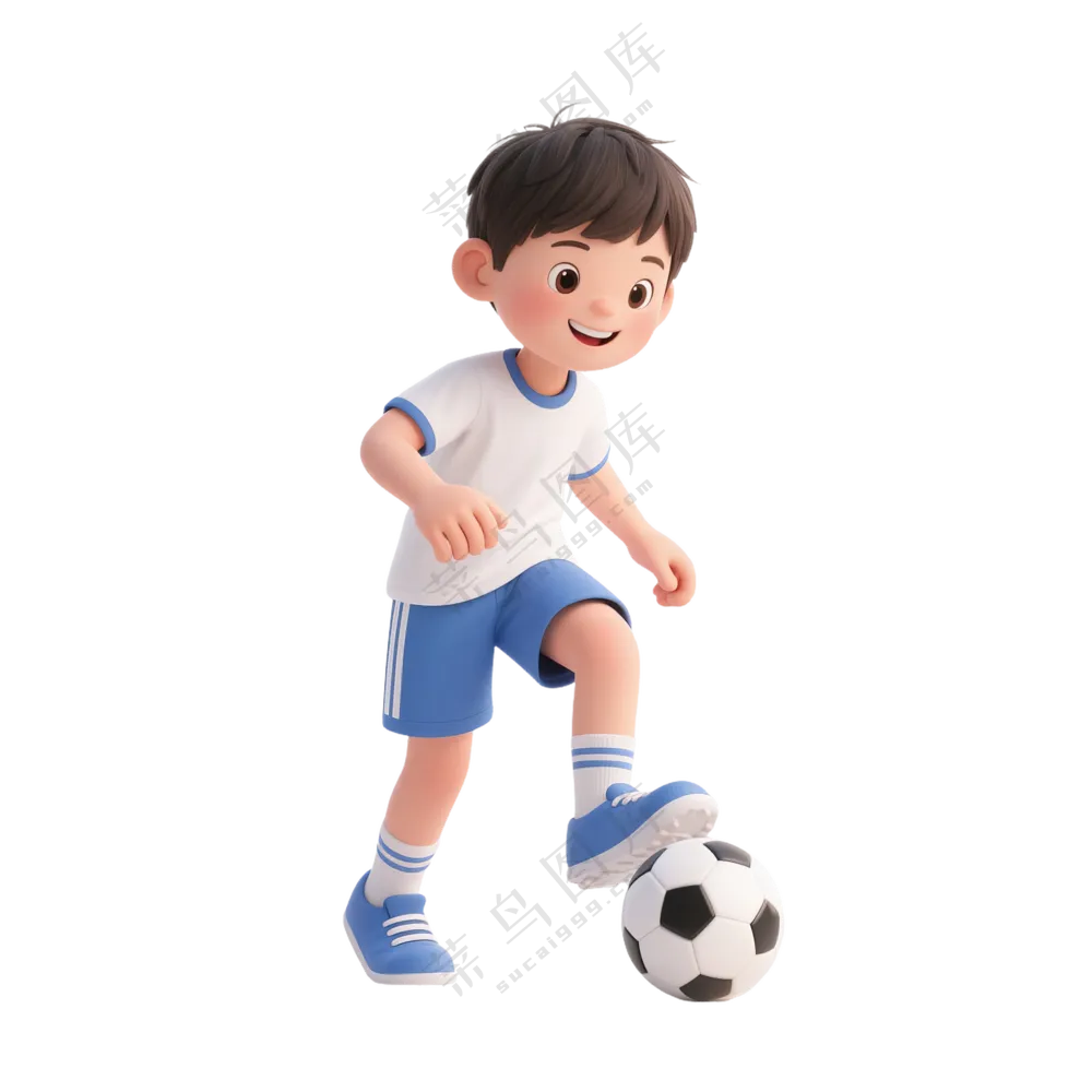 蓝+白色纯净3D风格踢足球的男孩免抠PNG素材