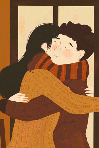 情侣相拥陪伴情人节七夕复古插画背景