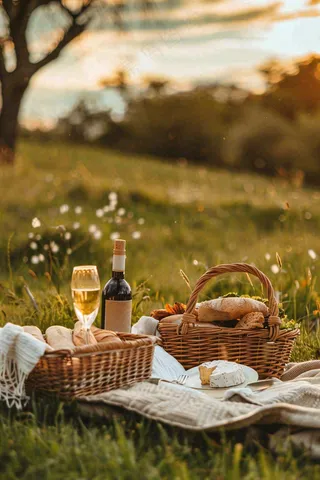下午茶草坪野餐红酒夕阳浪漫春分唯美摄影图