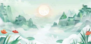 中国风插画山水竹叶青色插画清新淡雅端午节插画背景