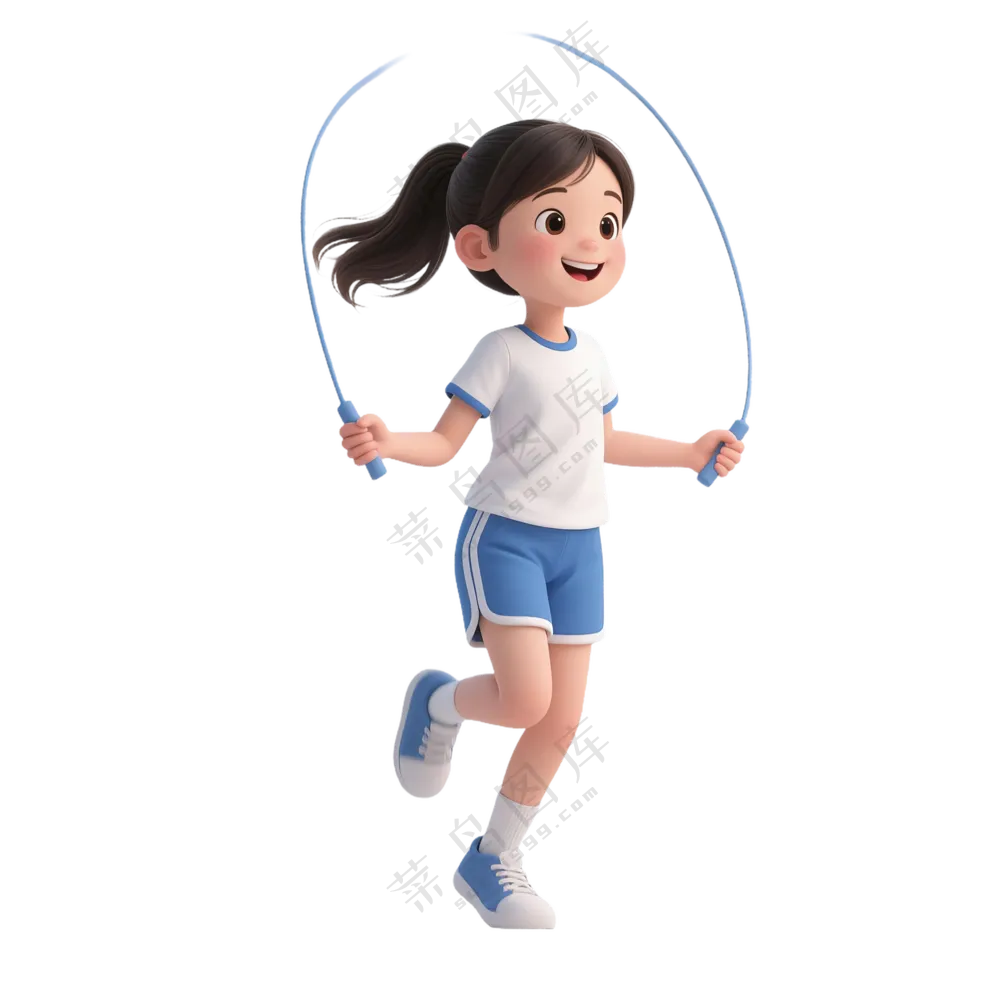蓝+白色纯净3D风格跳绳的女孩免抠PNG素材