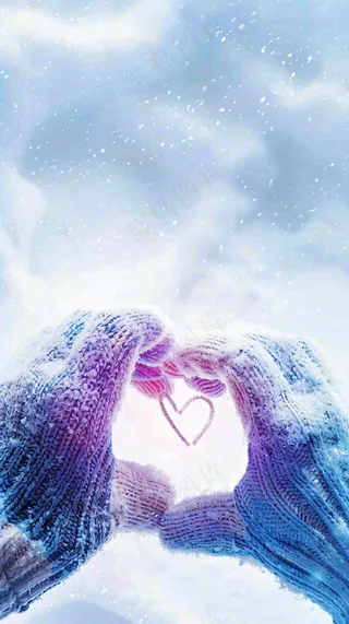 冬季寒冷雪地玩雪手套爱心手势大雪小雪小寒浪漫情人节摄影图背景