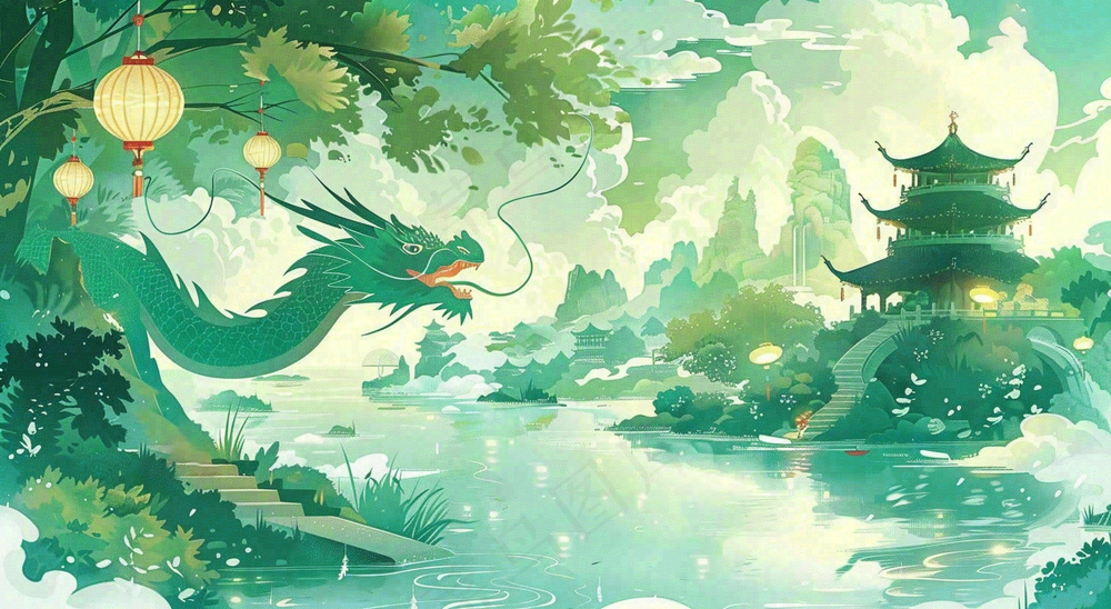 中国风国潮插画龙绿色盛世端午节插画背景