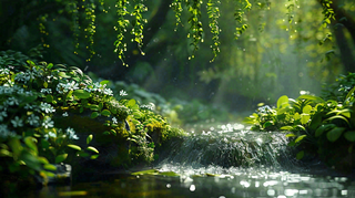 山涧溪流夏日清凉解暑苔藓植物小花立夏夏至摄影图