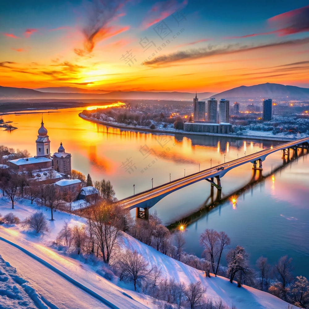 冬季黄昏唯美城市雪景