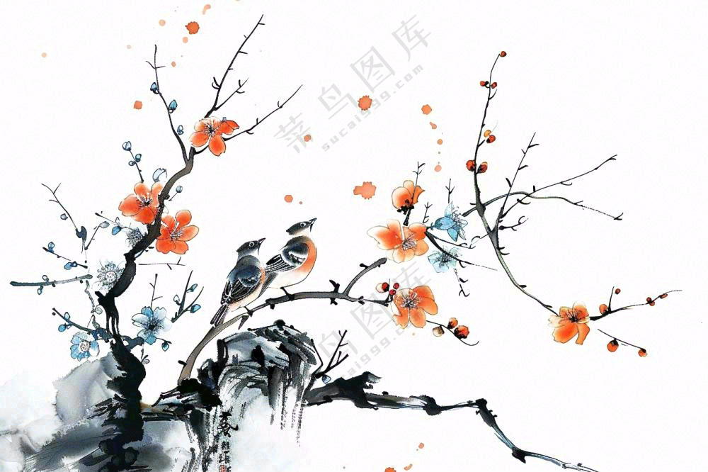 水墨画崖壁上的梅花小鸟古典风山水插画免抠