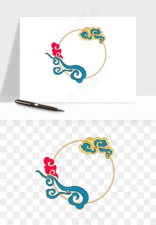 国潮风祥云浪花圆形矩形边框png免抠