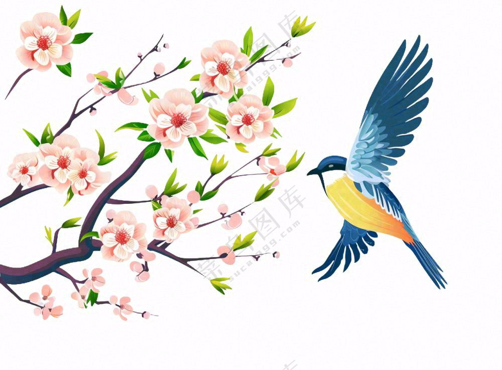 春天桃花树上小鸟喜鹊插画免抠