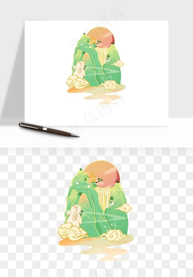 中秋月饼玉兔国潮插画png免抠