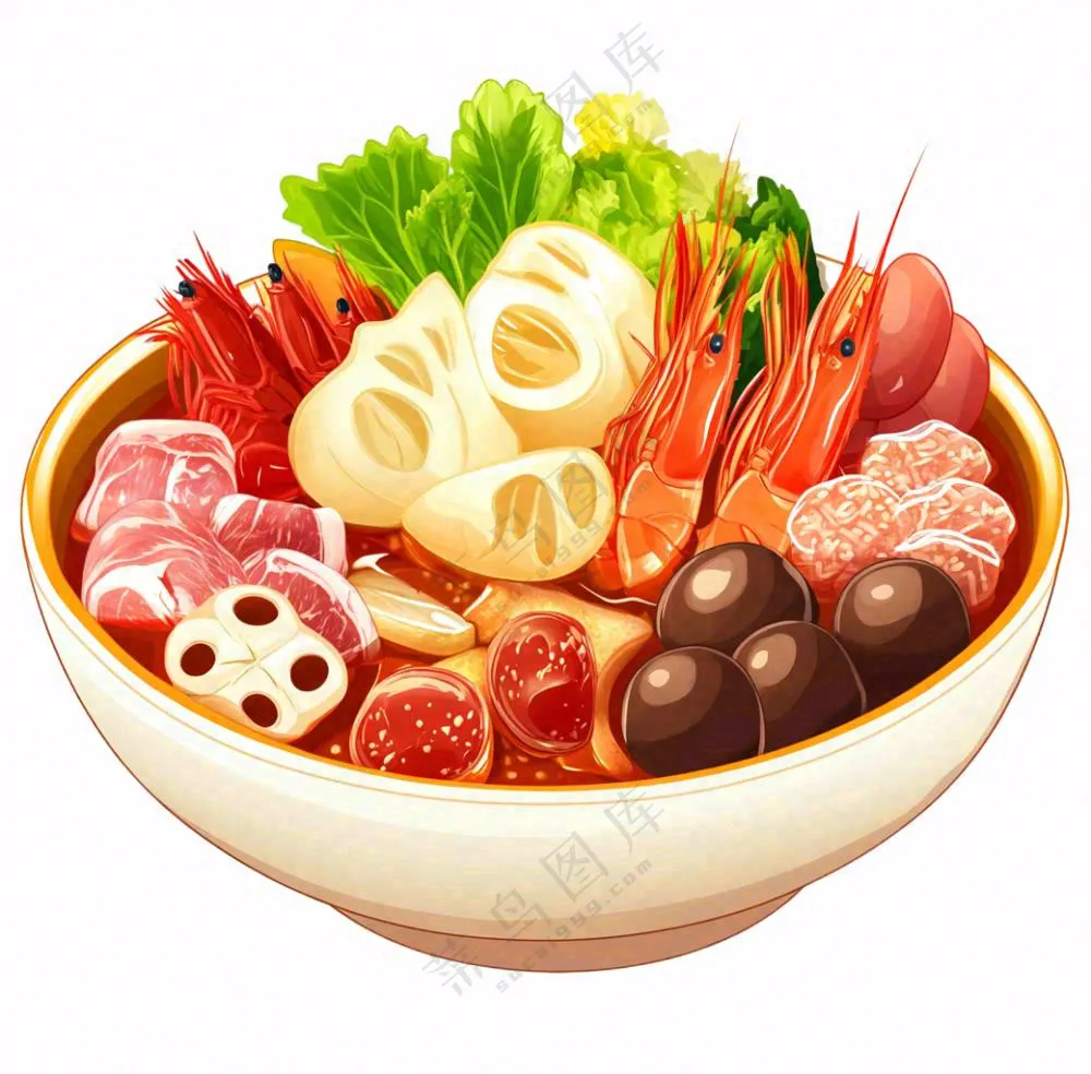 麻辣烫火锅海鲜肉类时蔬插画免抠