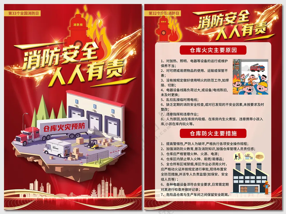 红色仓库消防宣传月安全海报