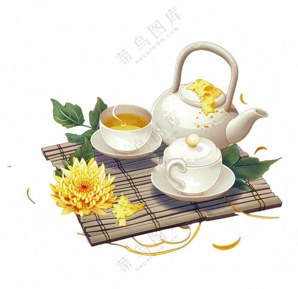 菊花茶茶壶喝茶插画免抠