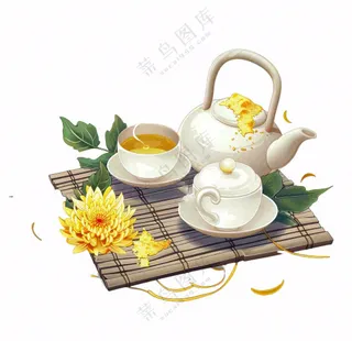 菊花茶茶壶喝茶插画免抠