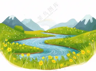 自然风景高原苔原湖泊新疆卡通插画免抠