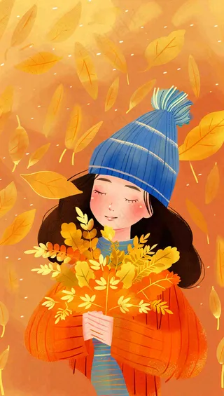 秋天女孩抱着落叶唯美卡通插画秋分立秋背景