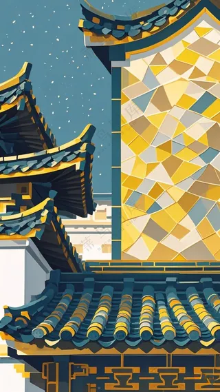 徽派建筑蓝金3  像素2300*4200