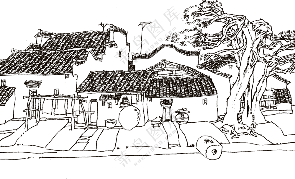 黑白手绘线稿房子大树PNG图片素材