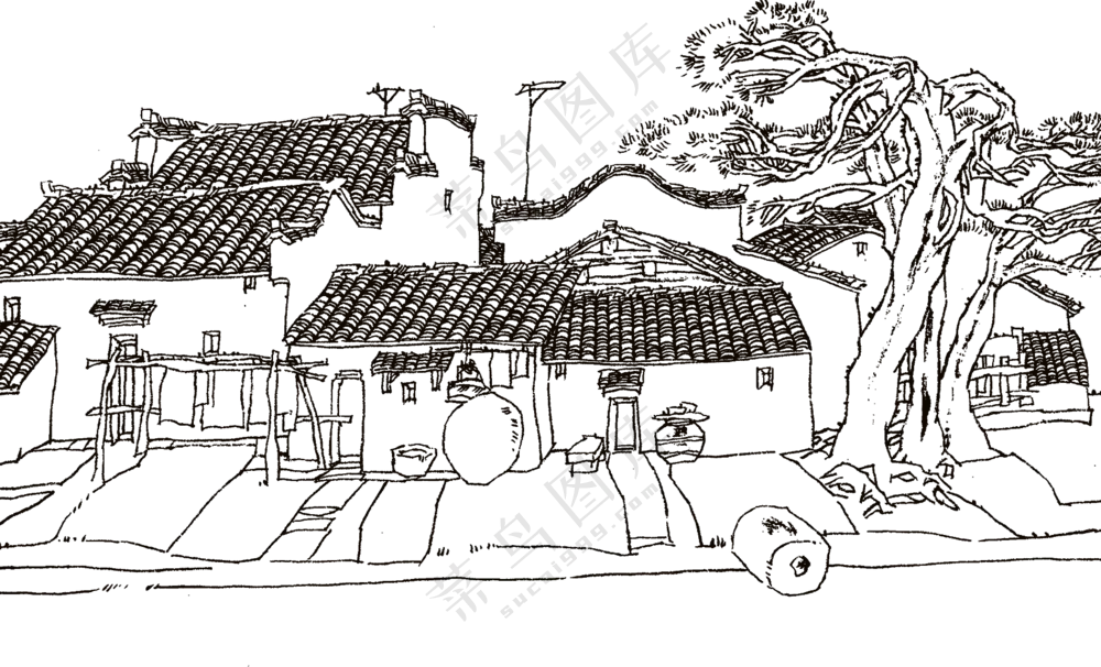 黑白手绘线稿房子大树PNG图片素材