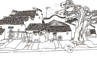 黑白手绘线稿房子大树PNG图片素材