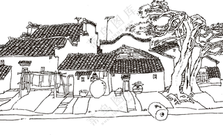 黑白手绘线稿房子大树PNG图片素材
