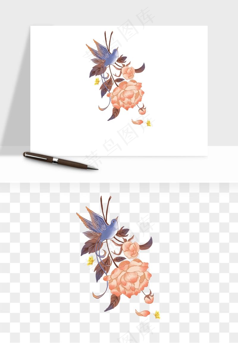 手绘国潮牡丹花花卉图案png免抠