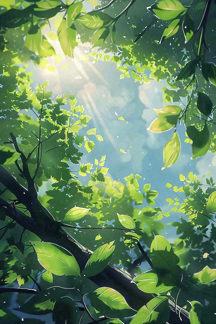 春夏绿荫下的蓝天阳光立夏夏至插画背景