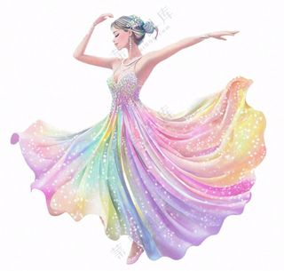 彩色裙子跳舞的少女美丽卡通插画免抠