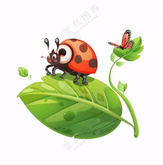 昆虫七星瓢虫绿叶卡通插画免抠