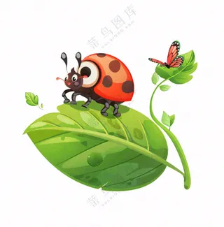 昆虫七星瓢虫绿叶卡通插画免抠