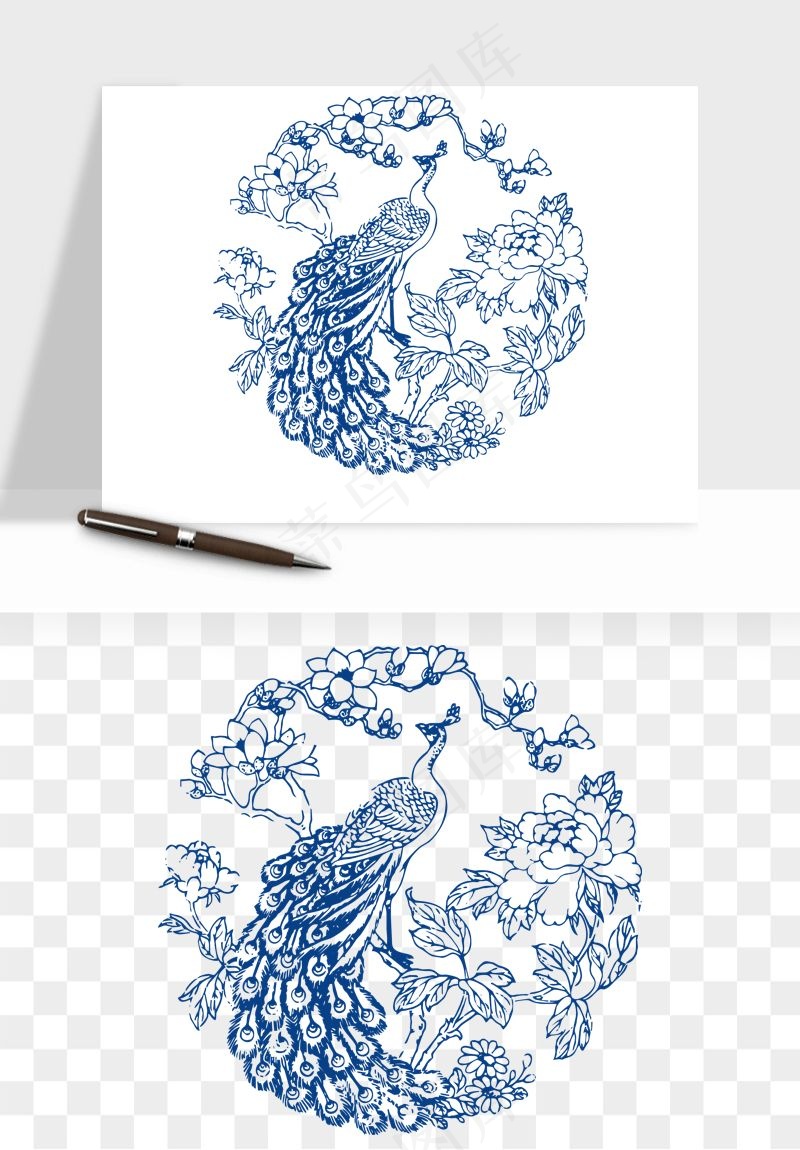 青花瓷花纹花卉图案png免抠