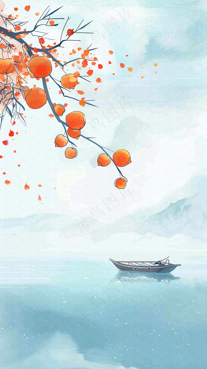 中国风山水画柿子树船只霜降插画背景