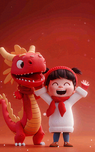 新春节日龙年儿童庆祝喜庆红色小年新年卡通插画背景