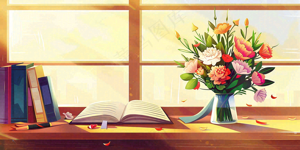 教师节办公桌窗边课本花束温馨唯美插画背景